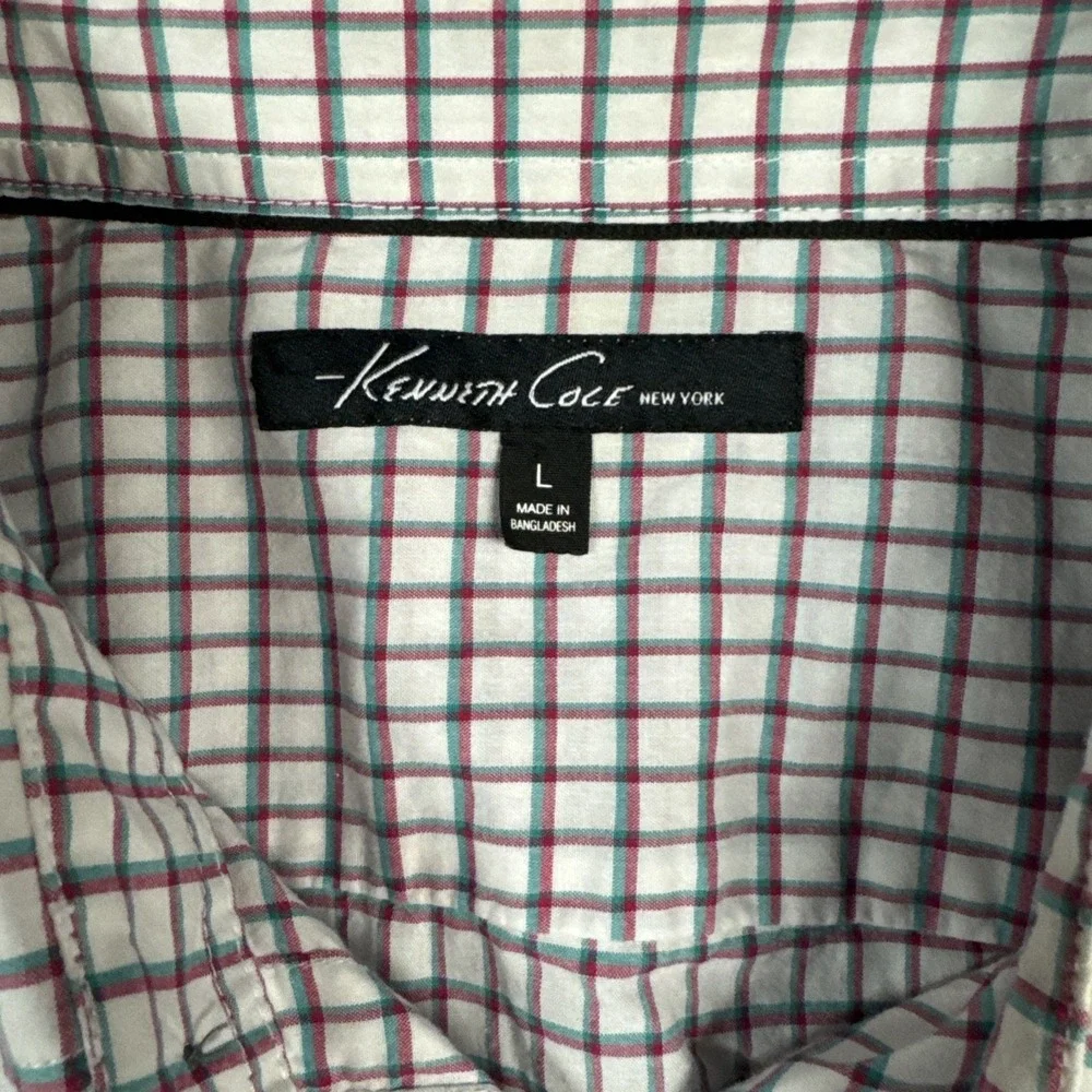 Kenneth Cole Shirt Mens Large White Check Long Sleeve Button Down Cotton Dress
